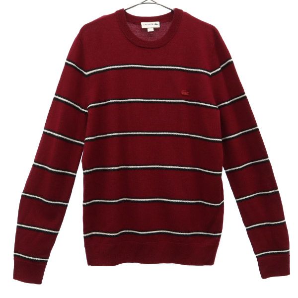 ボーダー 長袖 ウール100％ ニット S レッド セーター ロゴワッペン メンズ