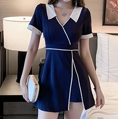 ワンピース フレアワンピース ミニ ミニ丈 ショート ショート丈 袖あり 半袖 Vネック 襟付き ウエストマーク スリット サイドスリット 切り替えデザイン 大人可愛い きれいめ 大人 レトロ