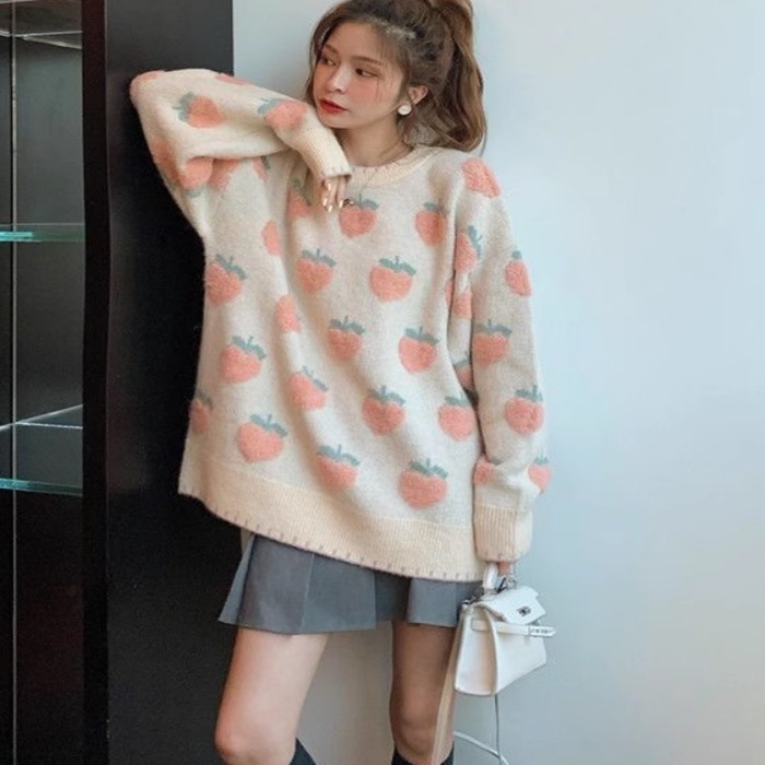 レディース ニット セーター プルオーバー 丈長 長袖 クルーネック 襟なし ワイド フェミニン もこもこ ふわふわ かわいい 大人可愛い カジュアル おしゃれ こなれ感 ラフ ガーリー 主役級