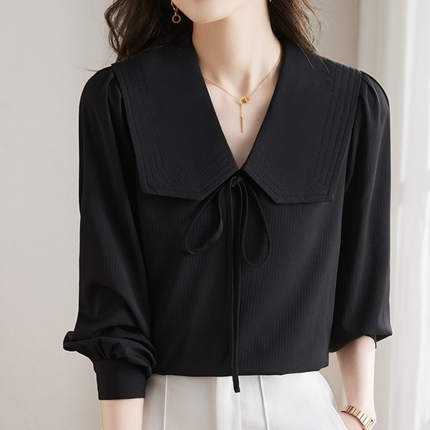 トップス シャツ 長袖 襟付き ビックカラー プルオーバー ミディアム丈 かわいい 大人可愛い きれいめ シンプル 上品 おしゃれ かっこいい カジュアル こなれ感 個性的 主役級 存在感 抜け感