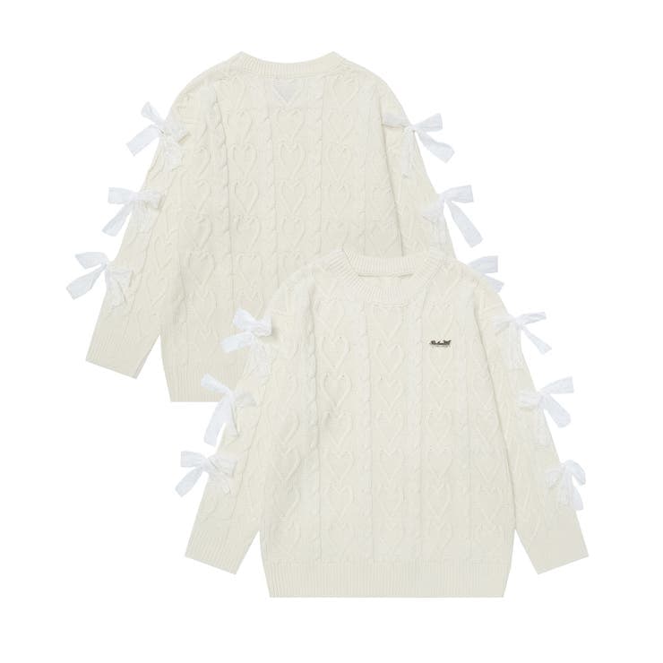 HOOKfor　girls　袖リボンハートケーブル編みニットプルオーバー