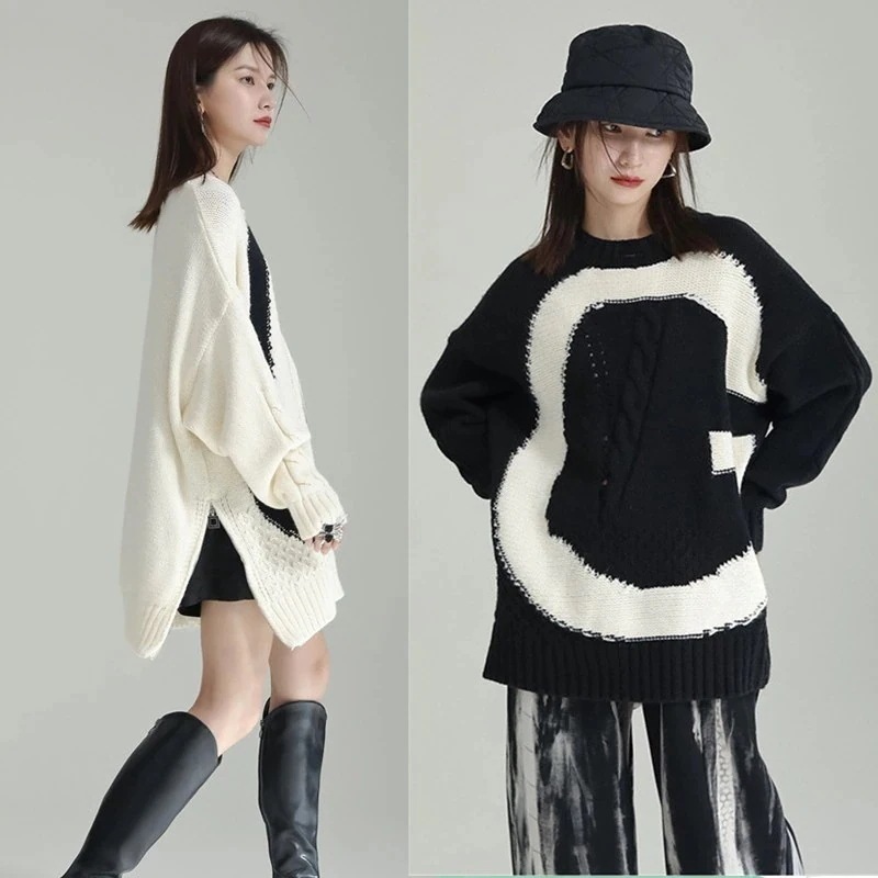 【J.Fashion】 G大字ロゴ セーター 側ファスナー お尻すぽっり ニット 春秋冬 体型カバー ゆる チュニック カシミヤタッチ ブラウス メガ割