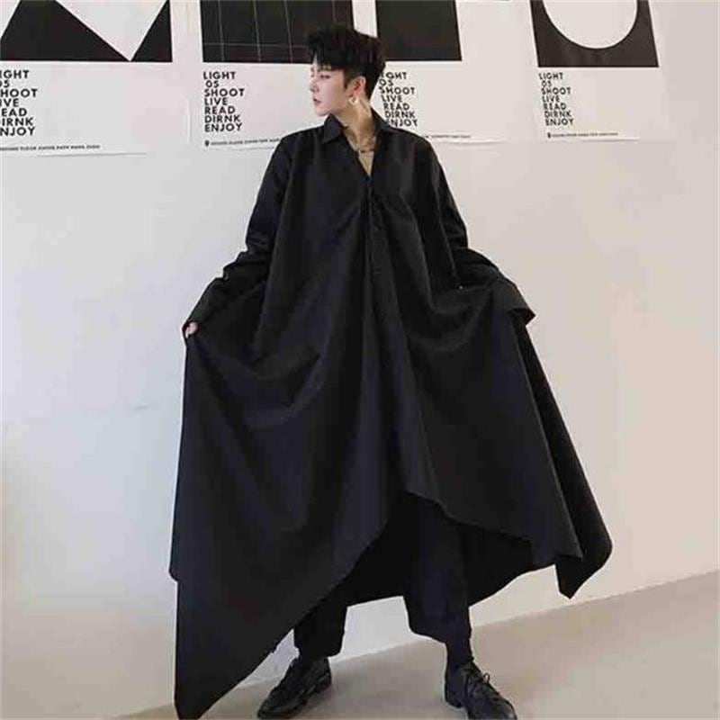 メンズロングマントシャツファッションメンズとレディースのステージトレンド不規則な裾の個性ロングシャツ