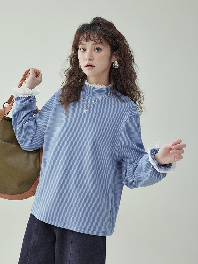 レースの青いストライプの長袖の両面の絨毯のtシャツの女性の秋冬の中に上着を掛けます