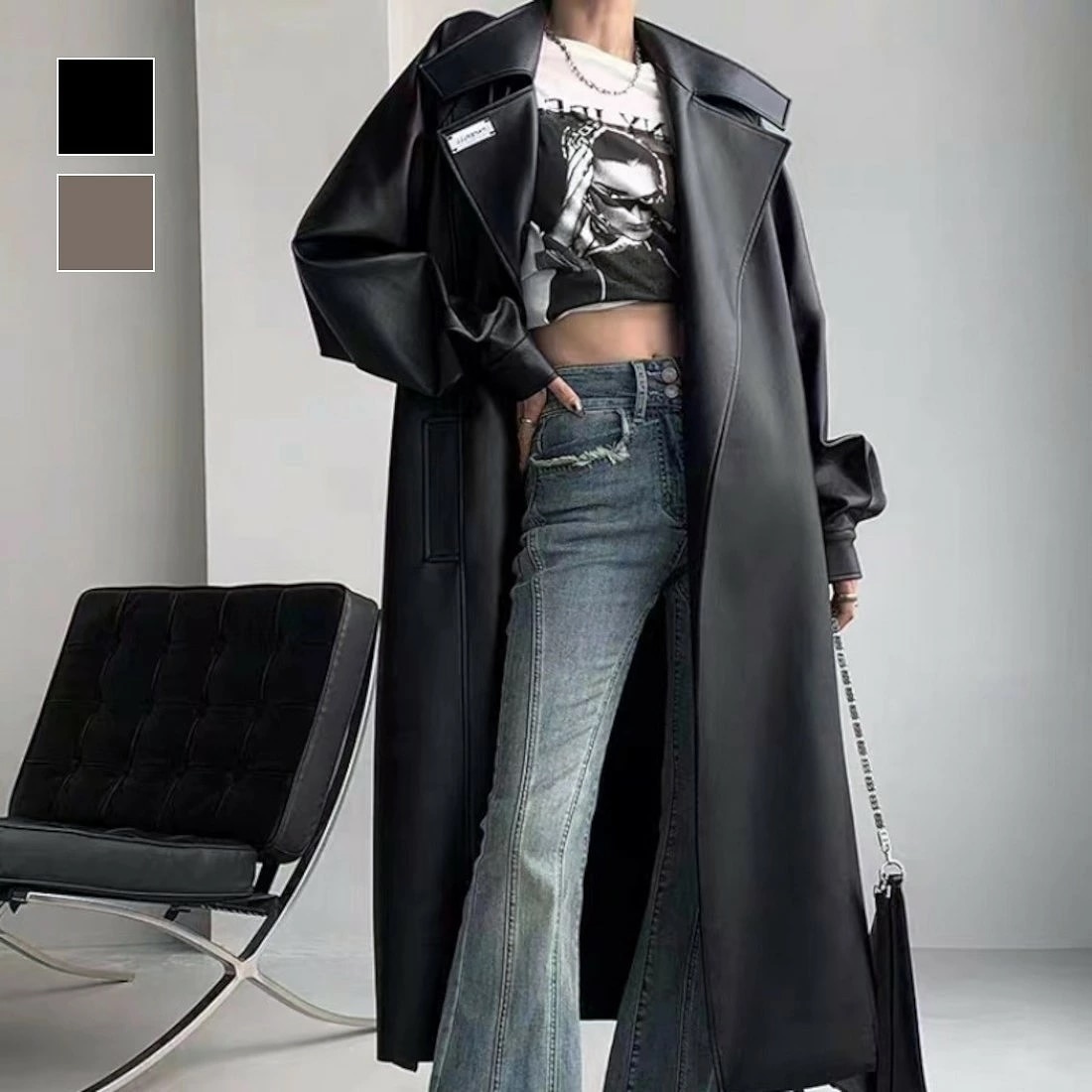 お財布に優しいガウン風の着こなしでこなれ感を出すフェイクレザースタンドカラーコート ロングコート 羽織り エコレザー 大人 きれいめ カジュアル 大きめ ゆったり
