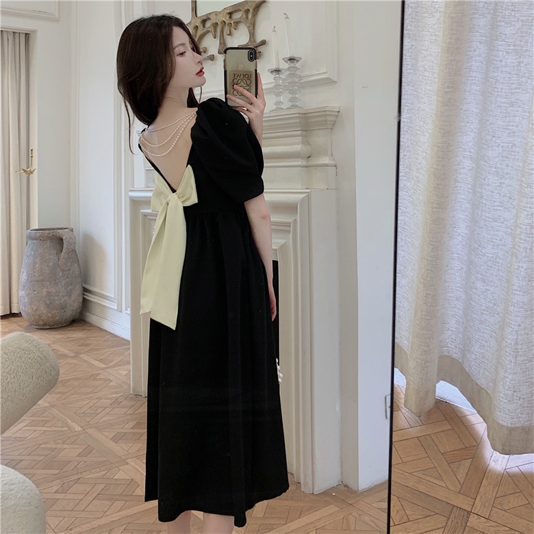 ドレス パーティードレス 二次会ドレス 膝丈ドレス 袖あり 半袖 パフスリーブ スクエアネック Aライン フレア リボン ハイウエスト 背中見せ 大人可愛い きれいめ シンプル 上品 おしゃれ