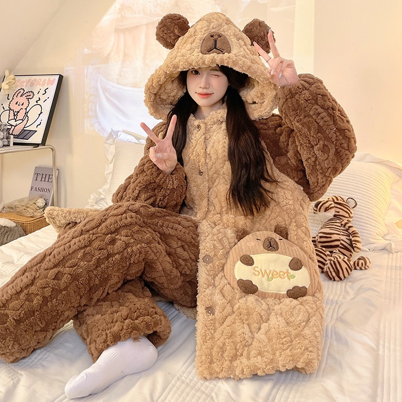 3層の綿入れ入りスリーパー女性冬カバラ秋冬厚手加絨2024フランネル部屋着