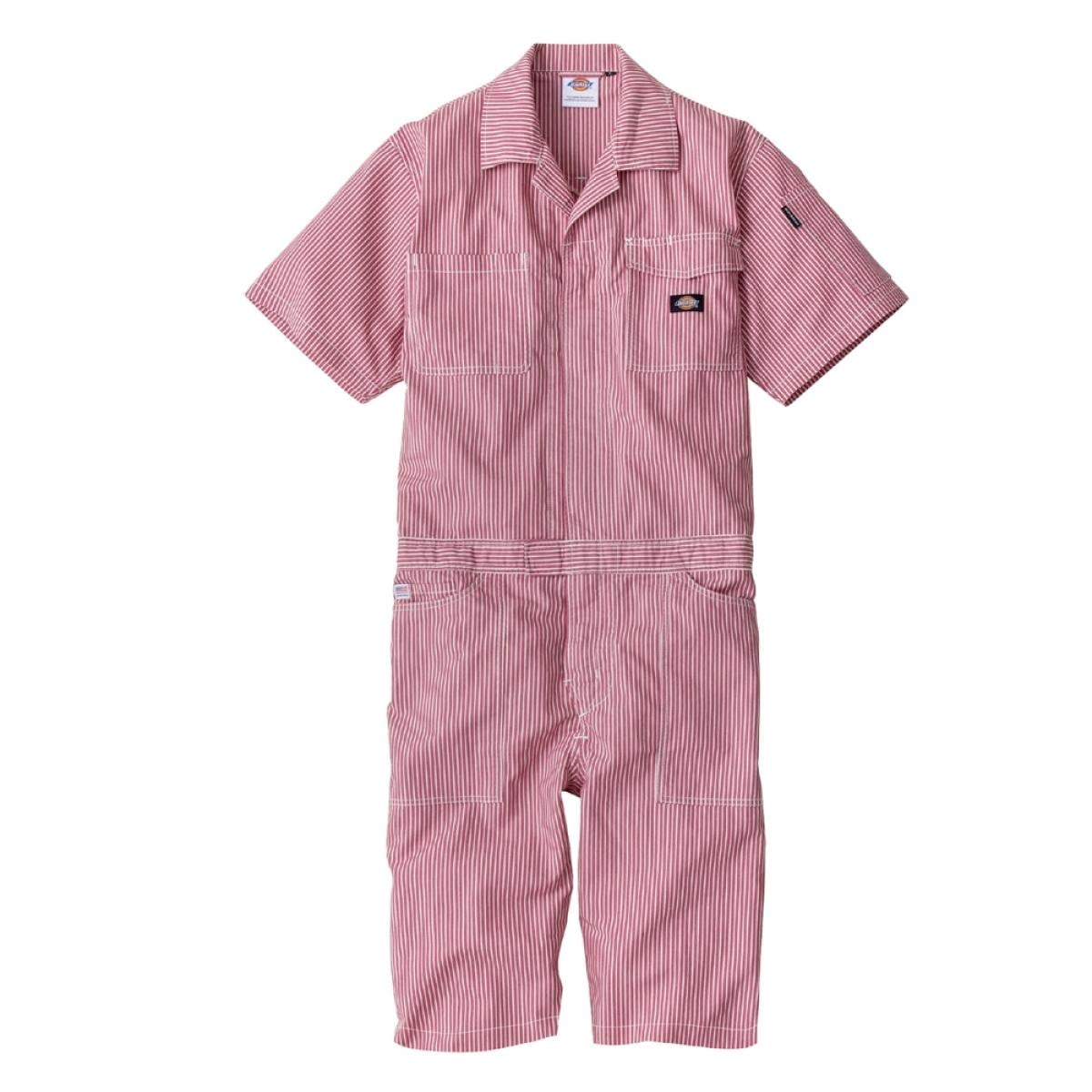 Dickies ディッキーズ ライトストレッチヒッコリー 半袖ツナギ ショート丈 レッド S D-7104 つなぎ 接触冷感 春 夏 コーコス信岡