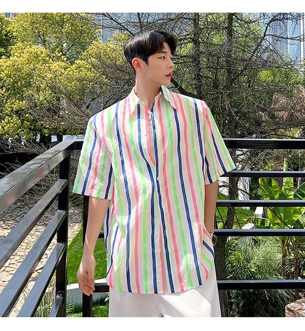 シャツ フラワー シャツ ストライプ メンズ 半袖 シャツ メンズ メンズ 半袖 柄シャツ 半袖シャツ 高質 Www Quartzhotel Mx