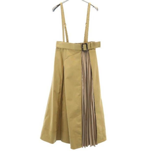 未使用 ロング丈 切替 プリーツ トレンチスカート 38 カーキ系 バックジップ レディース