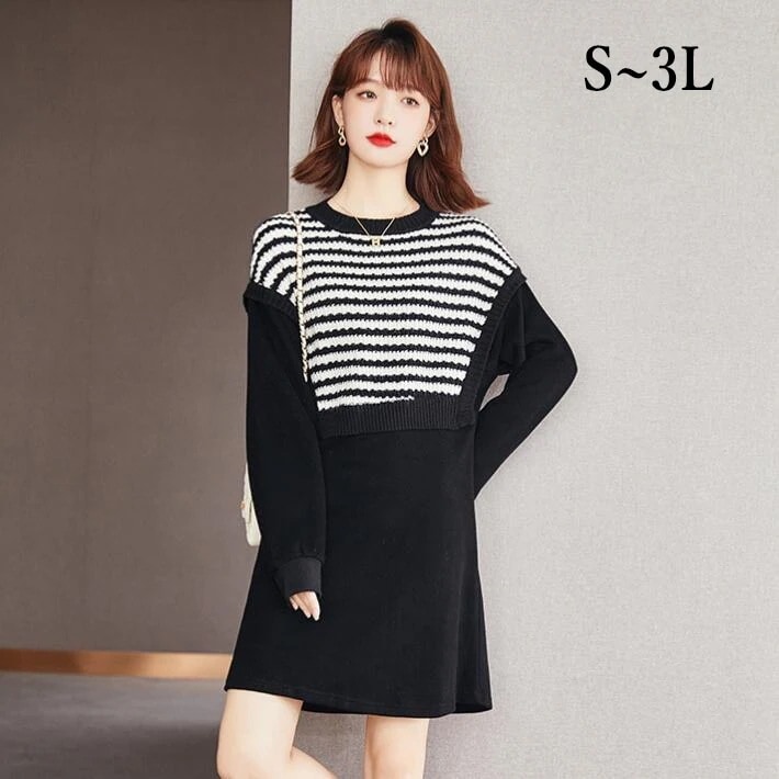 ニットワンピース　2点セット風　ワンピース レディース 長袖 ミニ丈　ボーダー　ワンピ　切替　ニット　セーター チュニック　ロングニット　クルーネック 　きれいめ 春　秋　S　M　L　2L　3L
