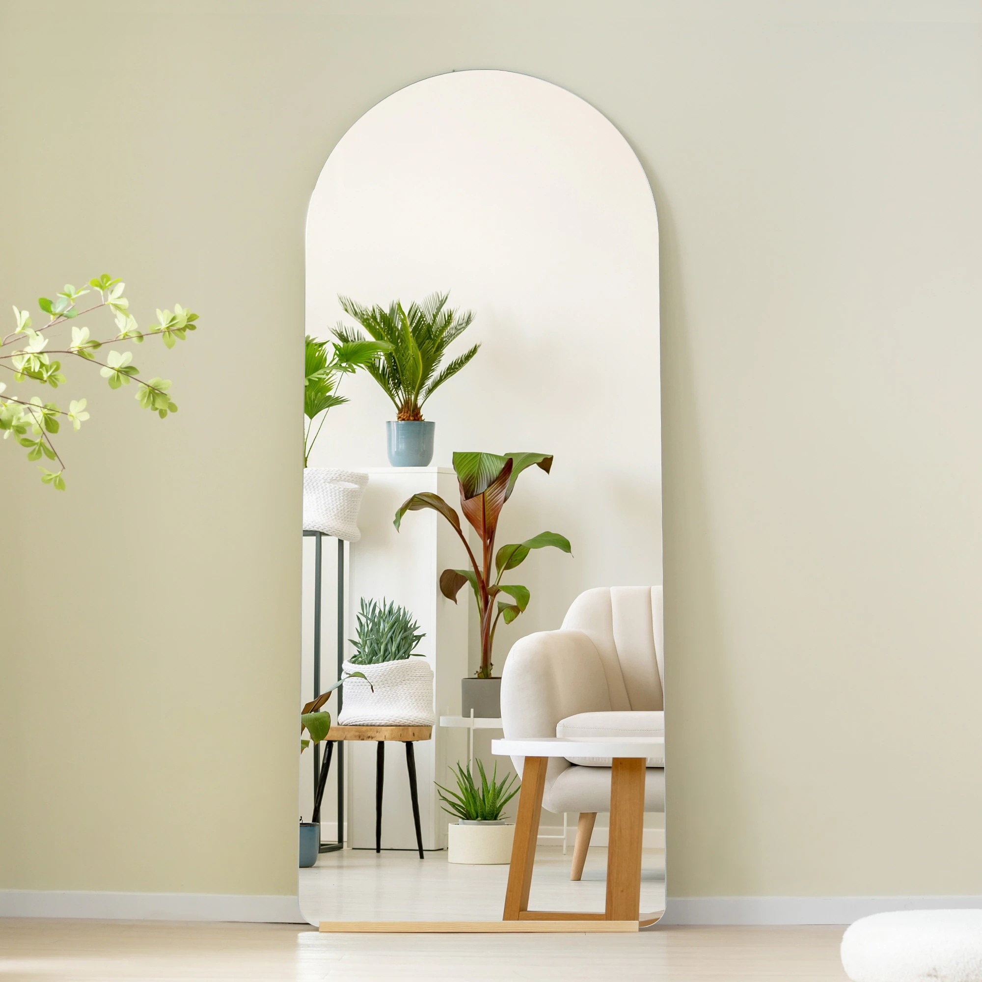 2024全身鏡 姿見鏡 スタンドミラー ノンフレーム アーチタイプ 立てかけ 姿見 鏡 ミラー おしゃれ 大型 飛散防止 木製台あり 160*50CM