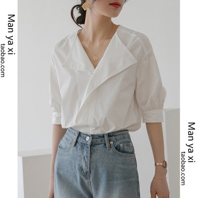 シャツ デザイン 小物 ホワイト 女性 2021 年 復古 襟 新作 半袖 ブランド品専門の フレンチ 夏 完全送料無料 V