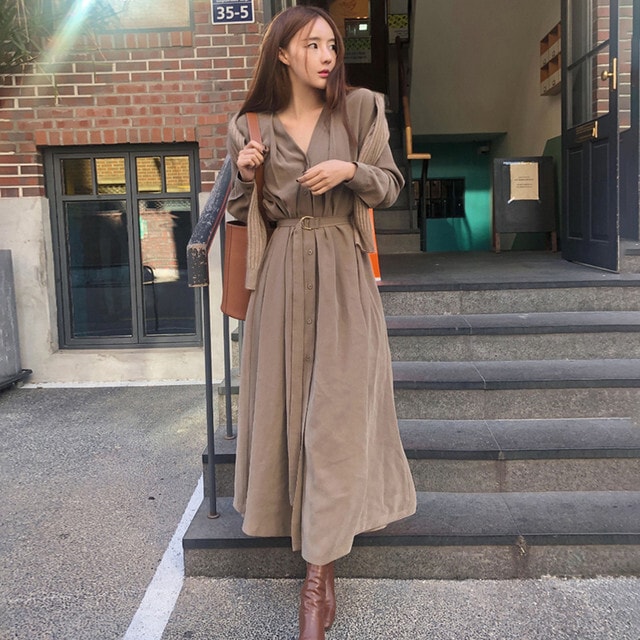 【送料無料】レディース Vネック長袖ワンピース シングルブレスト レースアップウエスト シック