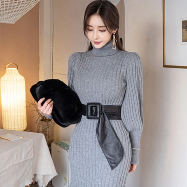【送料無料】レディース 【ベルト付き】ハイネック ニットワンピース ランタンスリーブ