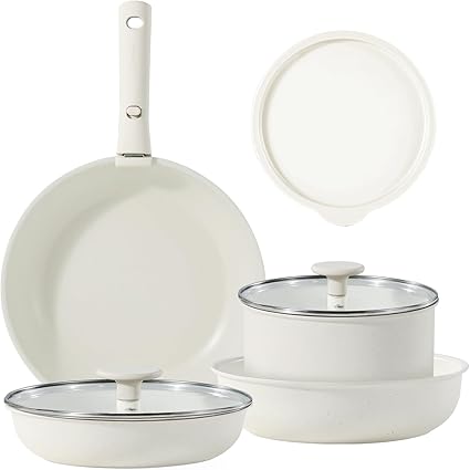 カローテ フライパン セット 8点 鍋セット PFOAなどの有害物質不使用 IH&ガス火対応 洗練されデザイン 超軽量 コンパクト収納 1人暮らしセット 取っ手が取れるフライパン コスパ最高 一年保証