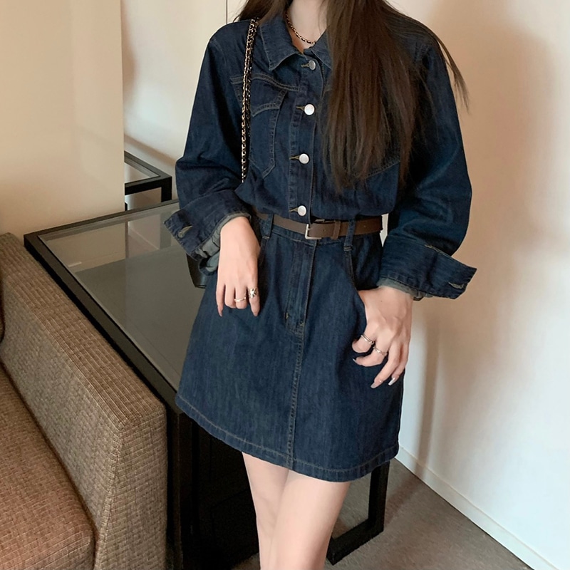 ワンピース レディース デニムワンピース S M L 韓国 ショート丈 膝上 袖あり 長袖 ショート かわいい 大人可愛い シンプル カジュアル おしゃれ お洒落 ストリート ナチュラル ラフ レトロ