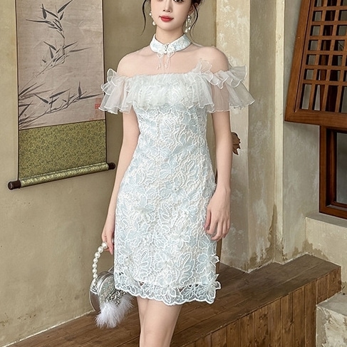 ドレス 衣装 カクテルドレス ミニ丈ドレス オフショルダー風 シースルー 刺繡 レース 透け感 タイト ミニ丈 ハイウエスト バックファスナー ステージドレス 発表会 かわいい 大人可愛い きれいめ