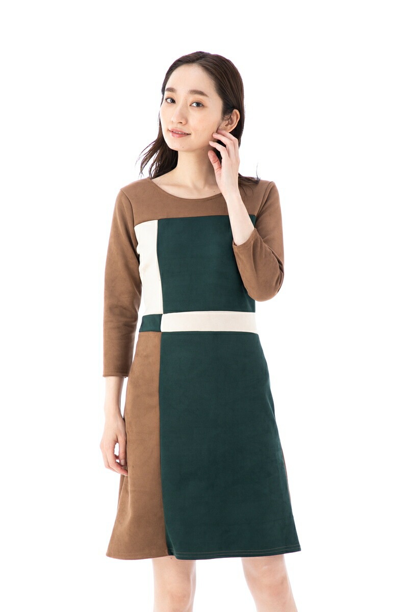 ファス(FAS)ワンピース T1 T2 T3サイズ 7分袖 膝丈 総柄 Ｕネック 大人上品ワンピース レディース Fille A Suivre