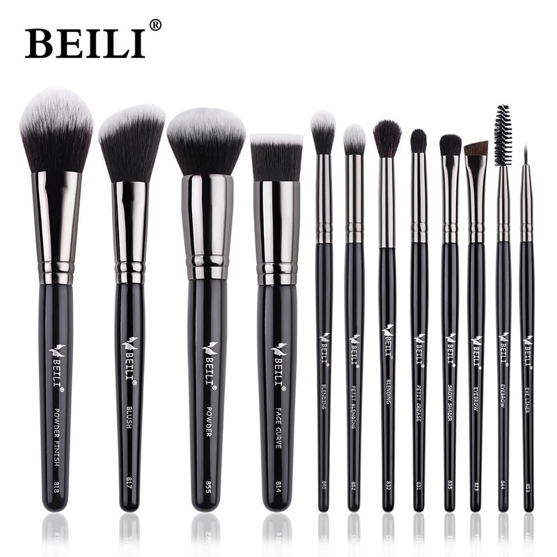 Beili-プロのメイクアップブラシセット 240個 贅沢な黒 天然毛 パウダーファンデーション アイシャドウ BX12メイクブラシ