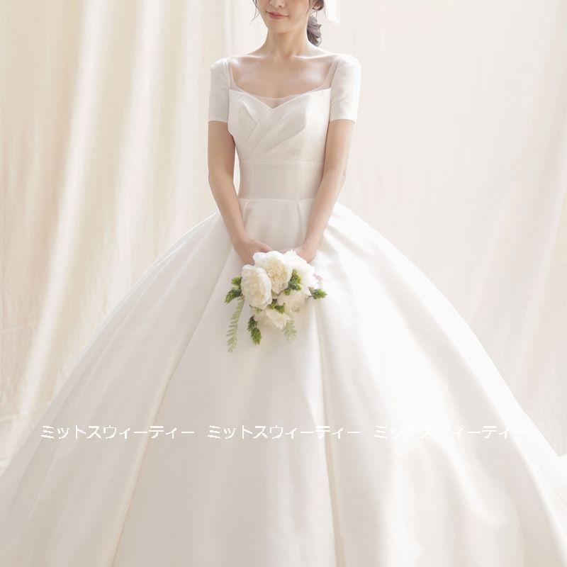 ウェディングドレス ロングドレス 結婚式 トレーン オフホワイト ウエディングドレス 二次会 花嫁 前撮り エレガント サテン プリンセスライン ブライダル 上品