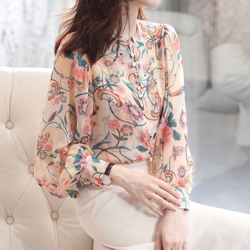 トップス シャツ ブラウス 袖あり 長袖 ボリューム袖 パフスリーブ クルーネック シフォン 透け感 ポリエステル 薄手 かわいい 大人可愛い きれいめ シンプル カジュアル 大人 上品