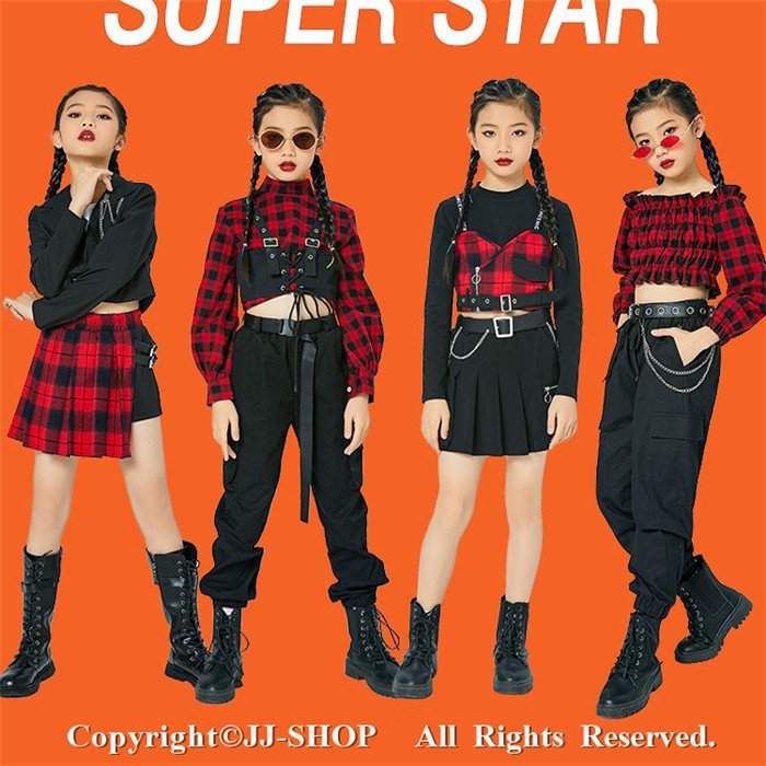 チェック柄 キッズダンス衣装 セットアップ チアダンス衣装 ダンス衣装 ヒップホップ チアリーダー