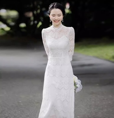 ドレス ワンピース ウェディング パーティー 結婚式 二次会 披露宴 フォーマル 衣装 マキシ 半袖 長袖 ハイネック タイト スリム レース 刺繍 シフォン ウエストマーク ハイウエスト 透け感