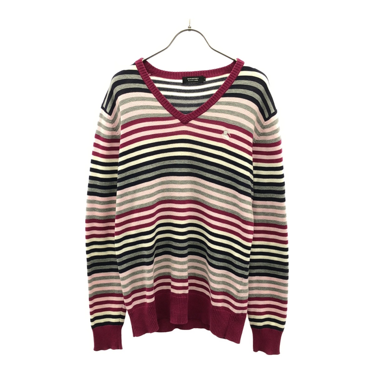BURBERRY BLACK LABEL バーバリーブラックレーベル 三陽商会 ボーダー 長袖 Vネック セーター 2 ピンク系 ニット メンズ 古着