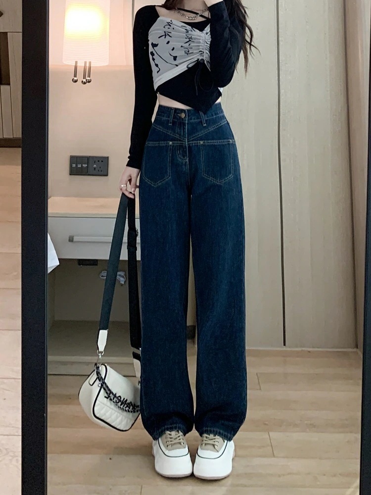 ハイウエストストレートワイドレッグジーンズ女性ルーズな春春冬春と春l薄いドレープドラッグパンツインスハイストリート潮