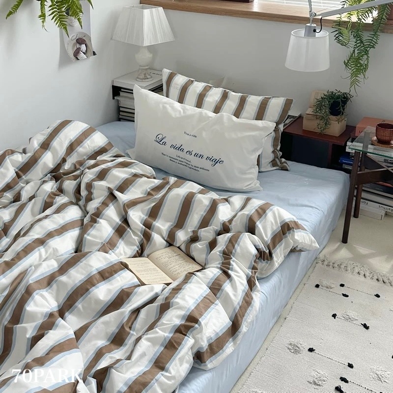 ホワイト ブラウン ストライプ 布団カバーセット 全2種 ベッドシーツ セット ベッドリネン おしゃれ 韓国インテリア 韓国雑貨 韓国っぽ インテリア雑貨 70PARK