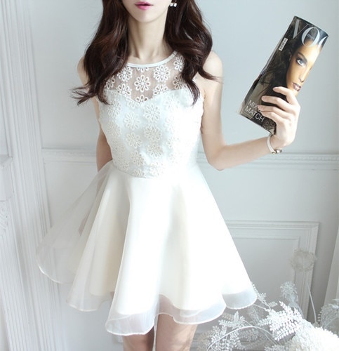 1476.花柄レースノースリーブドレス（ホワイト） 結婚式 パーティドレス ワンピース 大きいサイズ レディース 可愛い ノースリーブ パーティー 2019 春夏 sale