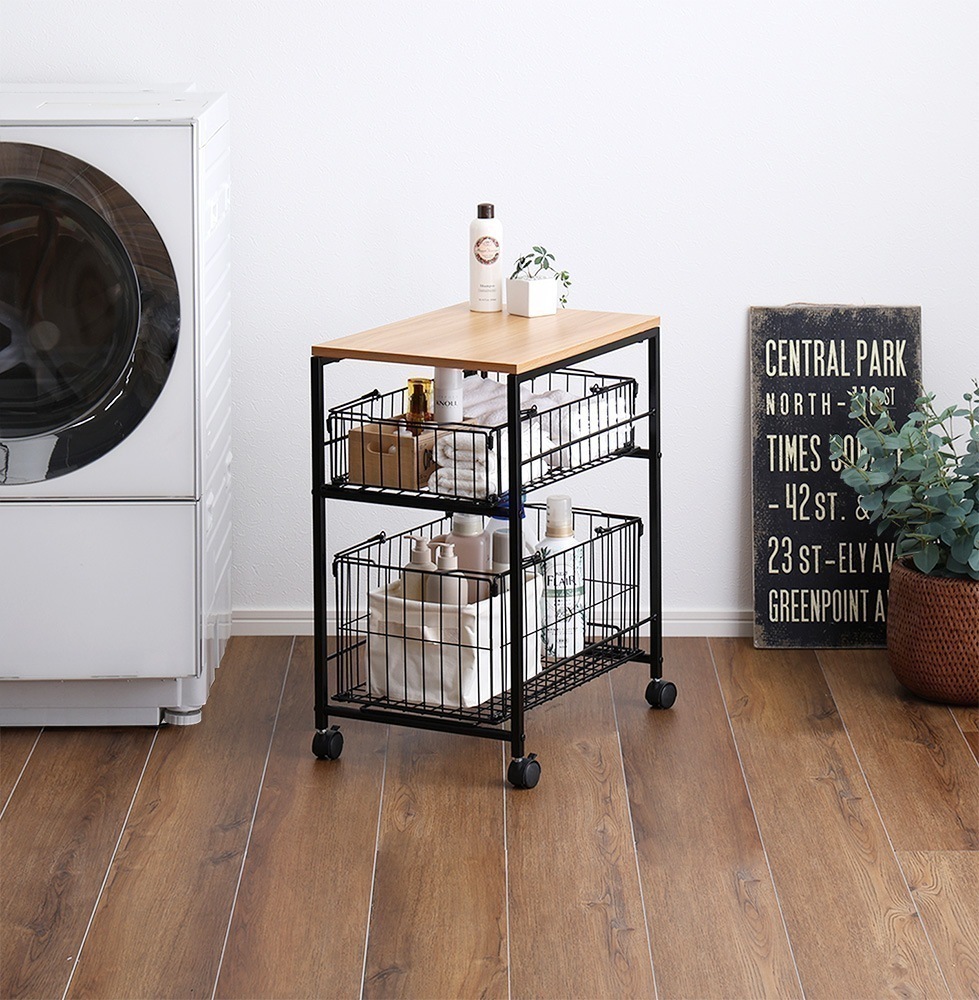 棚 ラック キャスターワゴン 北欧モダン おしゃれ キッチンワゴン 木目柄 スチールラック ブラック バスケット かご 2段