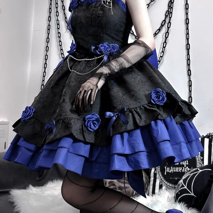 ロリータ メイド服 二次元 韓国ファッション ロリータサスペンダードレス ロリータツイン ブラック レッド ブラック ブルー ダークゴシック風 サスペンダースカート 福袋