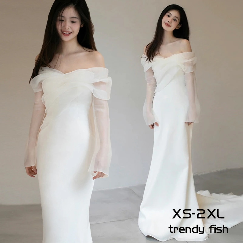 ウエディング ドレス ウェディングドレス 前撮り 白 ドレス 長袖 オフショルダー マーメード ロング丈 ホワイト カラードレス 二次会ドレス イブニングドレス Aライン ホワイト wedding d