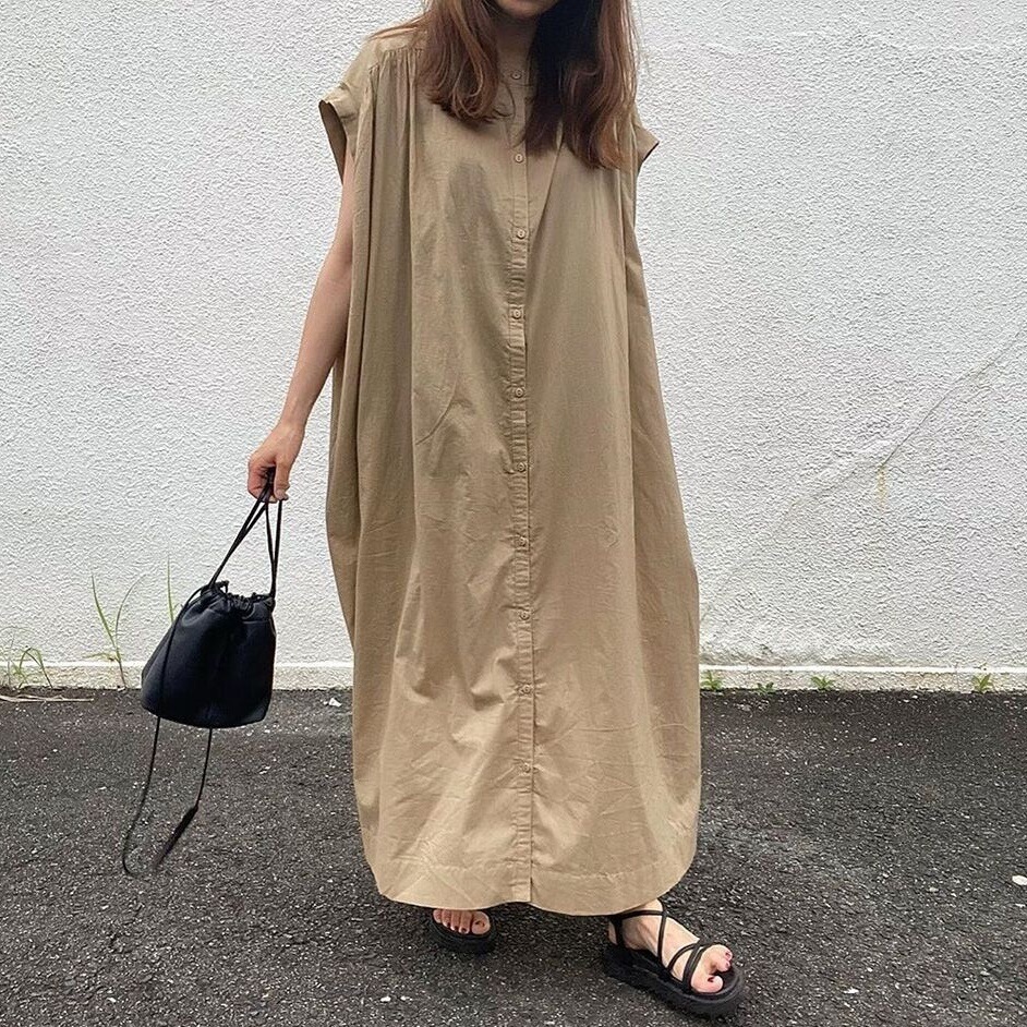 シャツワンピース フレンチスリーブ ラウンドネック ボタン 前開き シャツワンピ オルチャン グレー ベージュ ブラック 無地 ワイド ゆったり ゆる ヘルシー 韓国 レディース かわいい