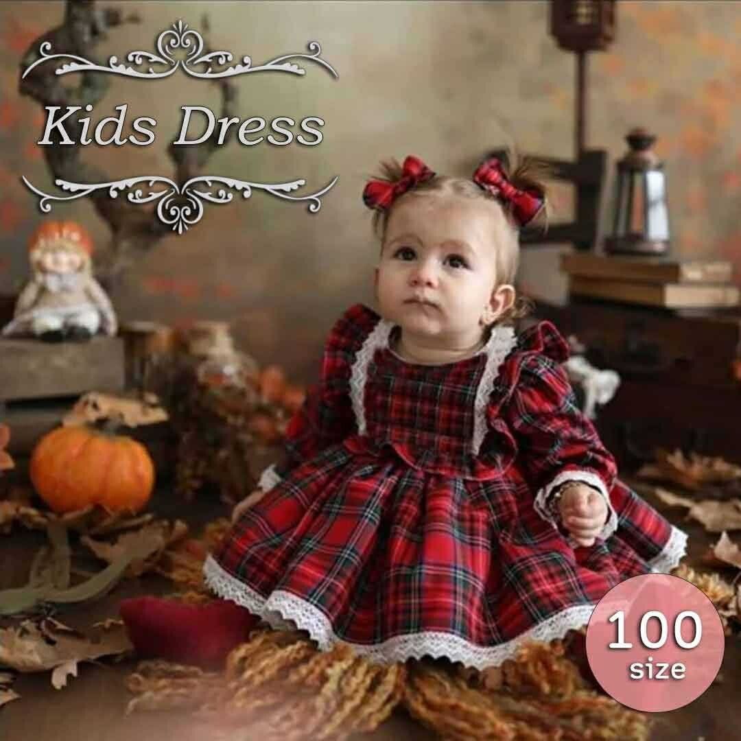 ベストセラークリスマス 女の子 ワンピース ドレス 3歳～4歳 チェック柄 リボン 子供ドレス ガールズ キッズ 発表会 結婚式 子供服 女の子 サンタ フォーマル ピアノ 発表会 イ