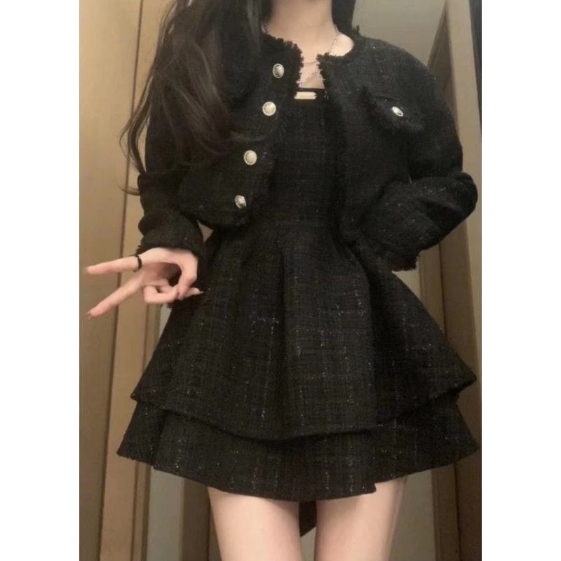 フランスの純粋な最後のタイプシフォンスーツウールヘビーエンジニアリングジャケットウエストホルターチュチュスカート秋と冬の新しい！オールインワンセットアップセットアップ