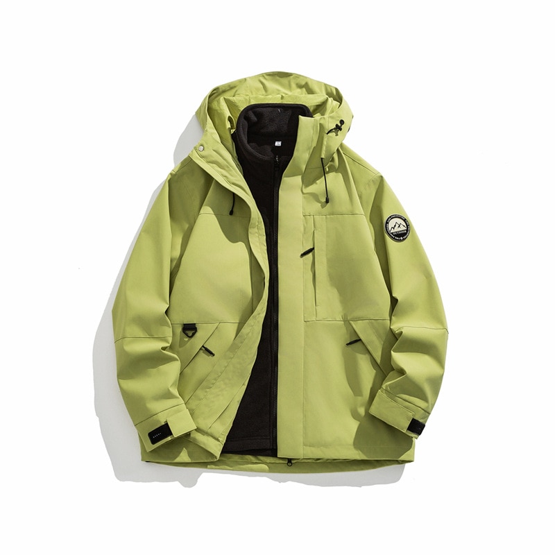 男性と女性のための屋外防風ジャケットカラーブロックスリーインワンフード付き防水性と防風性カップルやハイキングに適しています