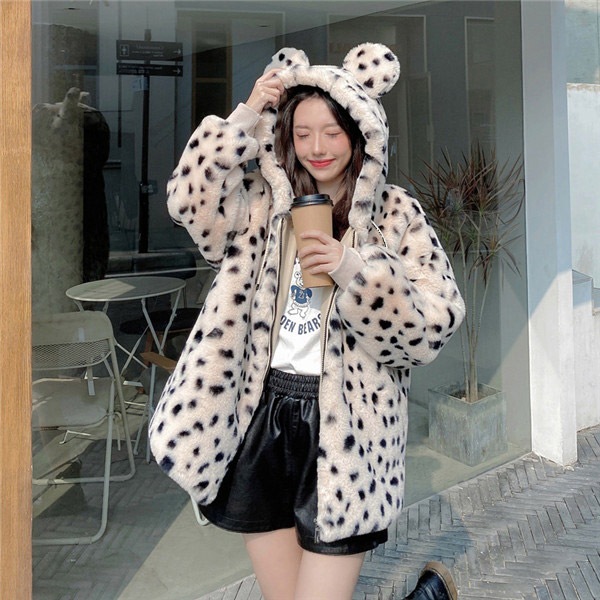 もふもふコート コート くま耳 レオパードコート ヒョウ柄 もこもこ アウター レディース 耳付き 前開き 秋冬 暖かい かわいい 韓国 ボアブルゾン トップス 体型カバー 防寒 秋冬 5,283円