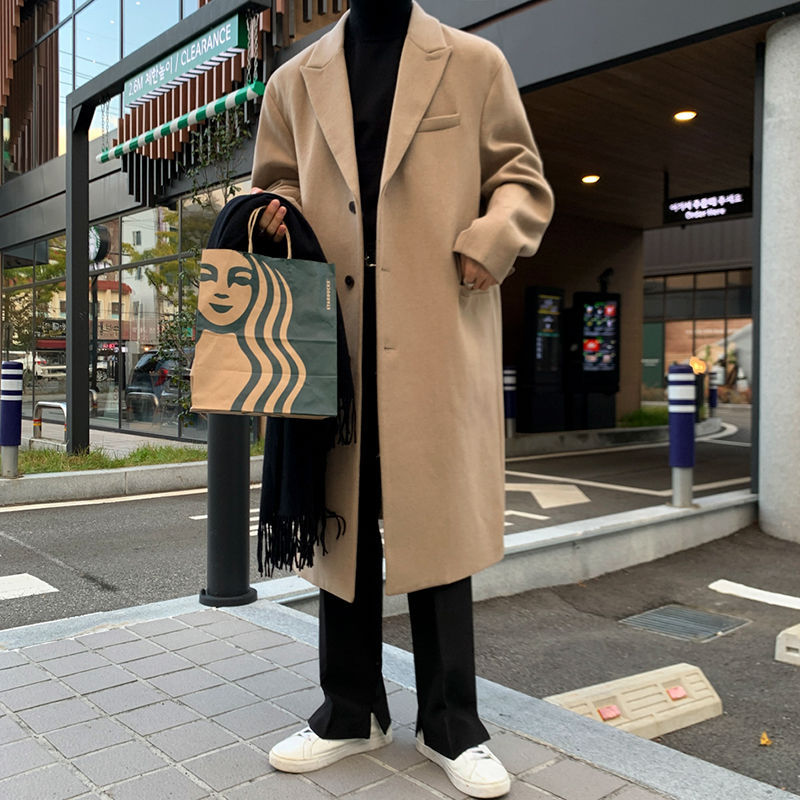 ツイードコートメンズ秋と冬のロングセクションの緩いトレンドの韓国語バージョンの膝の上英国のトレンチコートツイードジャケット