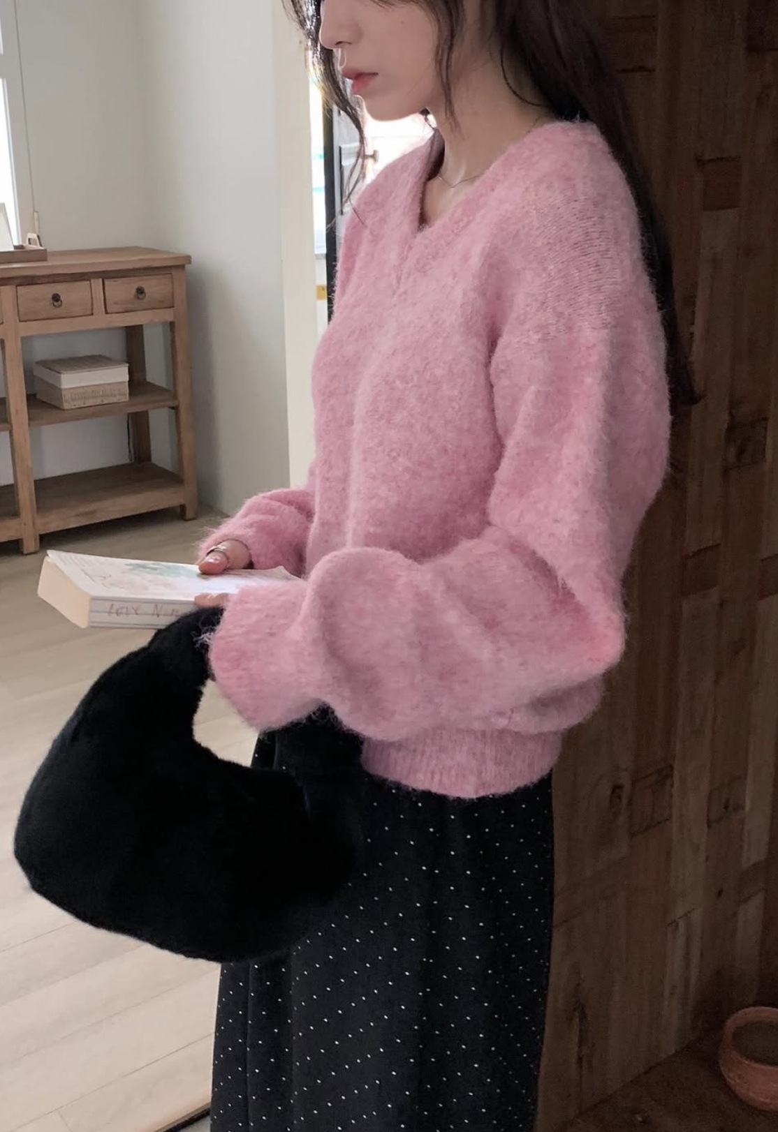 [ROWSTAND] ブラシニット (冬 FW Vネック ヘア アルパカ ミンク ルーズフィット)