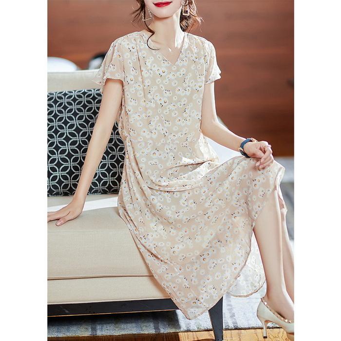 ワンピース レディース 膝丈ワンピース 春夏新作 半袖ワンピース Vネック きれいめ 花柄 シフォン フレアスカート 上品 オシャレ韓国風 通勤OL 30代 50代 4,622円