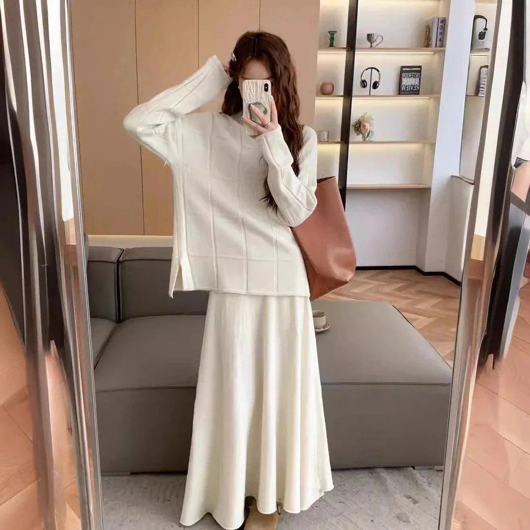 秋春作シンプル気質レディースセットアップハイネック百掛けアウター二点セット上下セットセーターニットスカートセットアップ