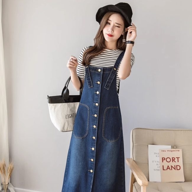 スカート サロペット デニムスカート ロング ロング丈 袖なし ノースリーブ スクエアネック 襟なし セミフレア Aライン ポケット ハイウエスト デニム ブルーデニム かわいい 大人可愛い シンプル