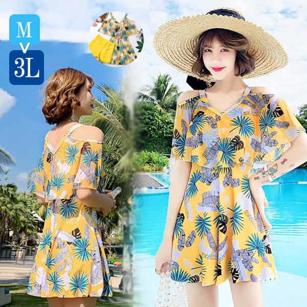 水着 レディース ２点セット 体型カバー ワンピース オープンショルダー 袖あり Vネック ポンチョスリーブ フレア水着 トロピカル柄 露出控え パッド付 大きいサイズ 海 ビーチ リゾート プール