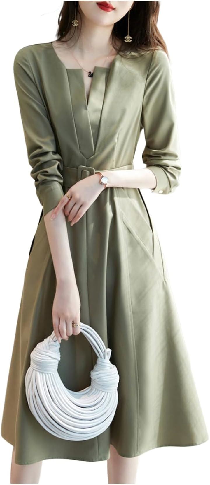 切り替えワンピース 長袖 レディース aラインワンピース ベルト付き( グリーン, XL)