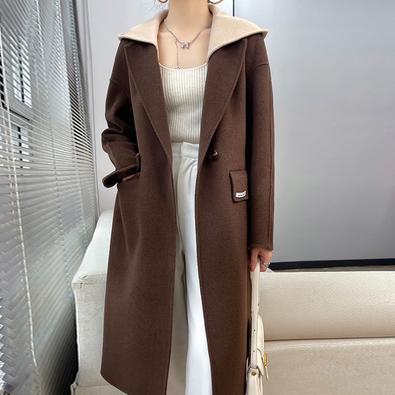 韓国のミディアムロング両面ウールコート秋冬ファッション大ポケットスーツ襟保温コート 8,585円