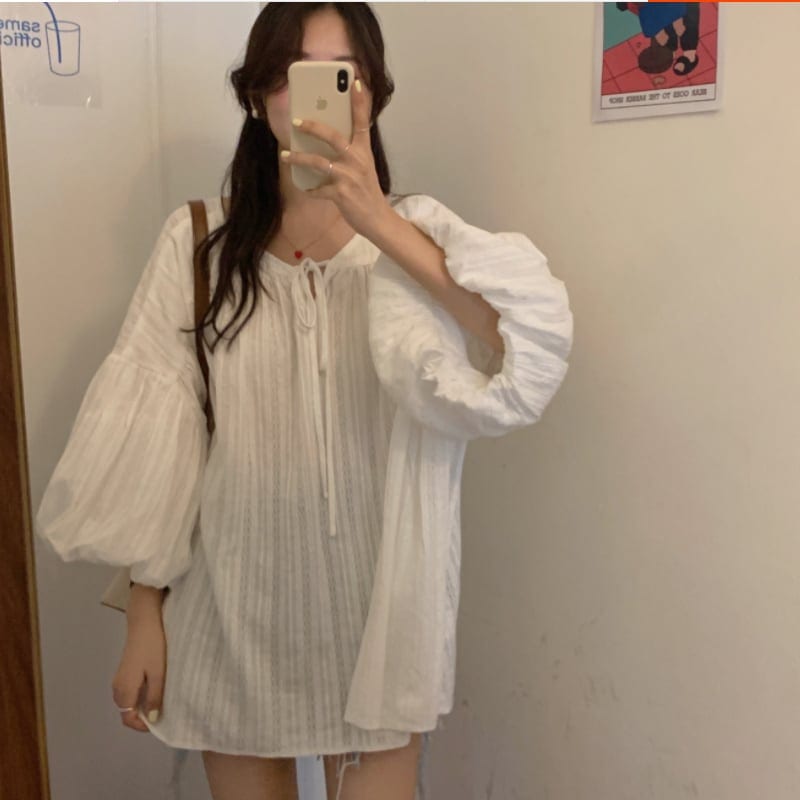 レディース トップス カットソー パフスリーブ シャツ 長袖 ホワイト お洒落 春夏 ママ 190