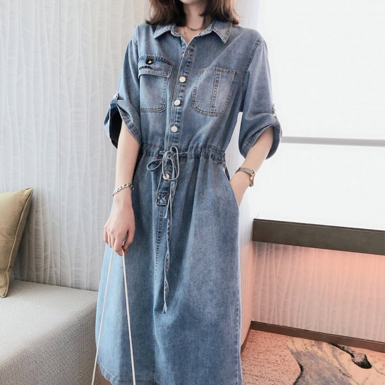 ゆったりデニムワンピース デニムシャツワンピース 半袖デニムシャツワンピース カジュアルデニムワンピ スカート ワンピース シャツ オールインワン ロングスカート デニムスカート シャツワンピース